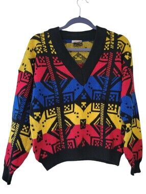 Vintage Cherry Stix Colorful 80s Korean V Neck Acrylic Long Sleeve Sweater M